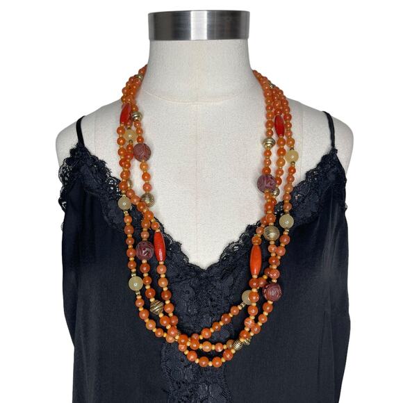 Vintage Avon Multi Strand Beaded Necklace Gold Tone with Orange and Cream - Picture 1 of 8